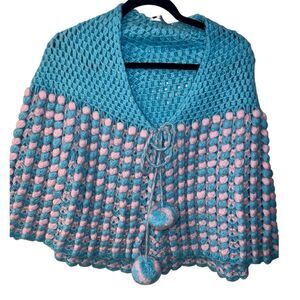 Handmade Crochet Poncho Blue Pink Pompom Tie Center Shoulder Wrap Granny Vintage